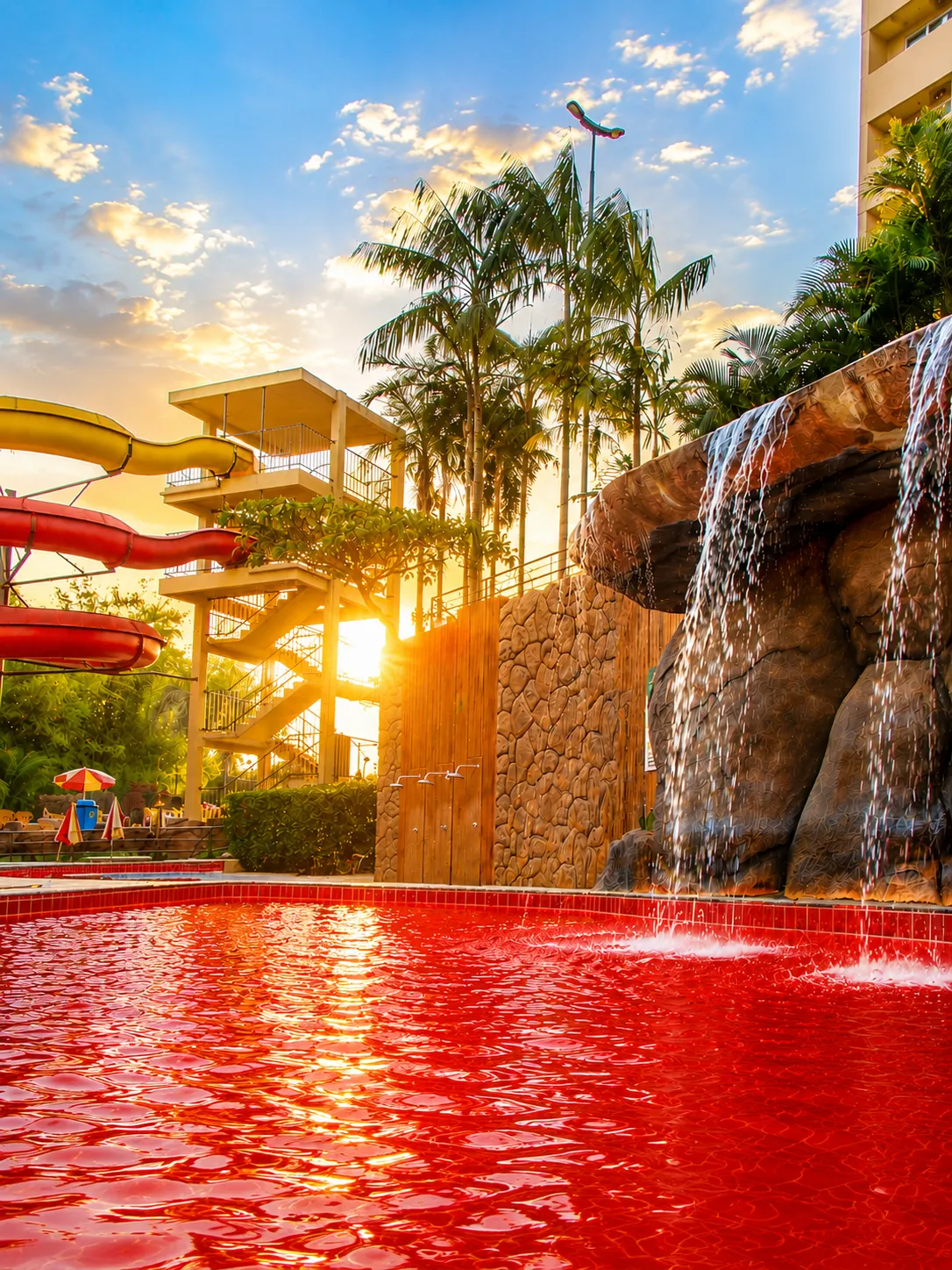 Cascata da piscina do clube ao entardecer